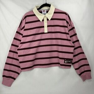 Champion Cropped Long Sleeve Striped Rugby Shirt Pink XL
